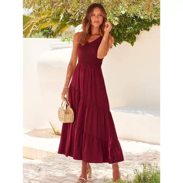 imageANRABESS Womens Summer Casual Sleeveless V Neck Smocked Boho Asymmetric Tiered Beach Long Dress with PocketsDark Red