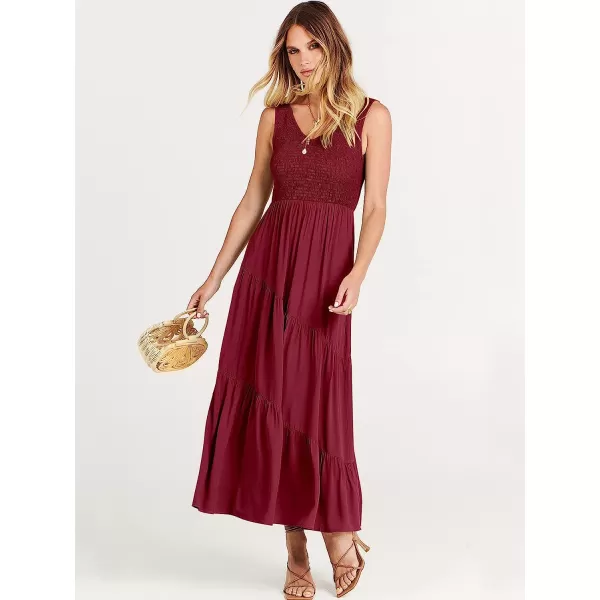 imageANRABESS Womens Summer Casual Sleeveless V Neck Smocked Boho Asymmetric Tiered Beach Long Dress with PocketsDark Red