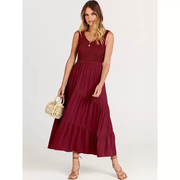 imageANRABESS Womens Summer Casual Sleeveless V Neck Smocked Boho Asymmetric Tiered Beach Long Dress with PocketsDark Red