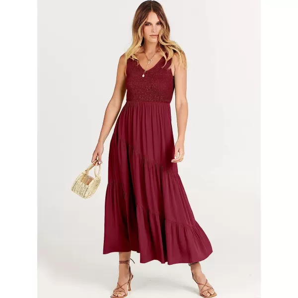 imageANRABESS Womens Summer Casual Sleeveless V Neck Smocked Boho Asymmetric Tiered Beach Long Dress with PocketsDark Red