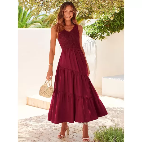 imageANRABESS Womens Summer Casual Sleeveless V Neck Smocked Boho Asymmetric Tiered Beach Long Dress with PocketsDark Red