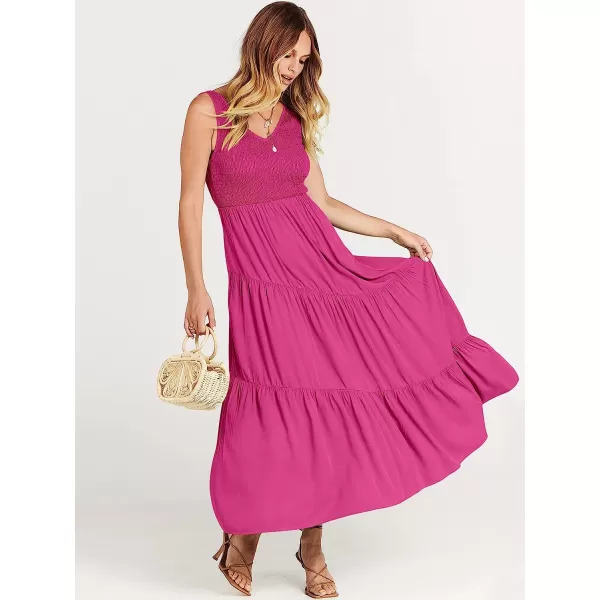imageANRABESS Womens Summer Casual Sleeveless V Neck Smocked Boho Asymmetric Tiered Beach Long Dress with PocketsRose Red