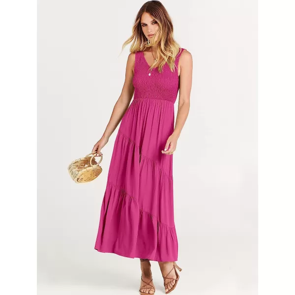 imageANRABESS Womens Summer Casual Sleeveless V Neck Smocked Boho Asymmetric Tiered Beach Long Dress with PocketsRose Red