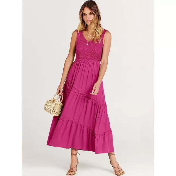 imageANRABESS Womens Summer Casual Sleeveless V Neck Smocked Boho Asymmetric Tiered Beach Long Dress with PocketsRose Red