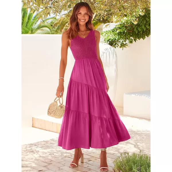 imageANRABESS Womens Summer Casual Sleeveless V Neck Smocked Boho Asymmetric Tiered Beach Long Dress with PocketsRose Red