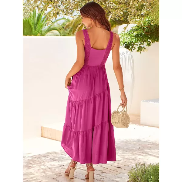 imageANRABESS Womens Summer Casual Sleeveless V Neck Smocked Boho Asymmetric Tiered Beach Long Dress with PocketsRose Red