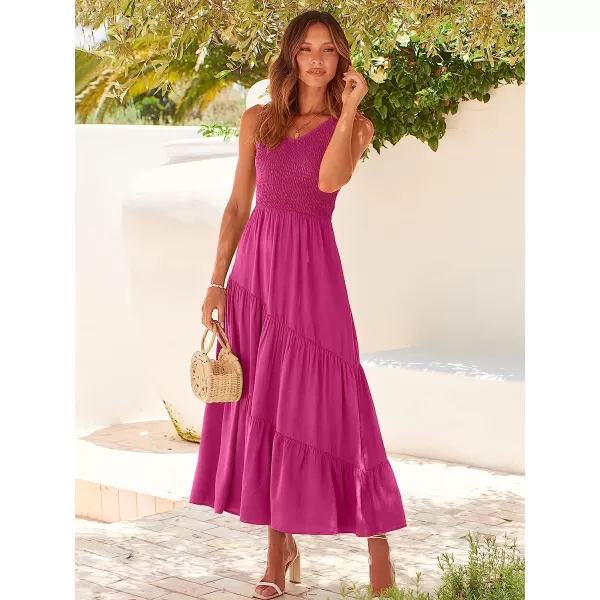 imageANRABESS Womens Summer Casual Sleeveless V Neck Smocked Boho Asymmetric Tiered Beach Long Dress with PocketsRose Red