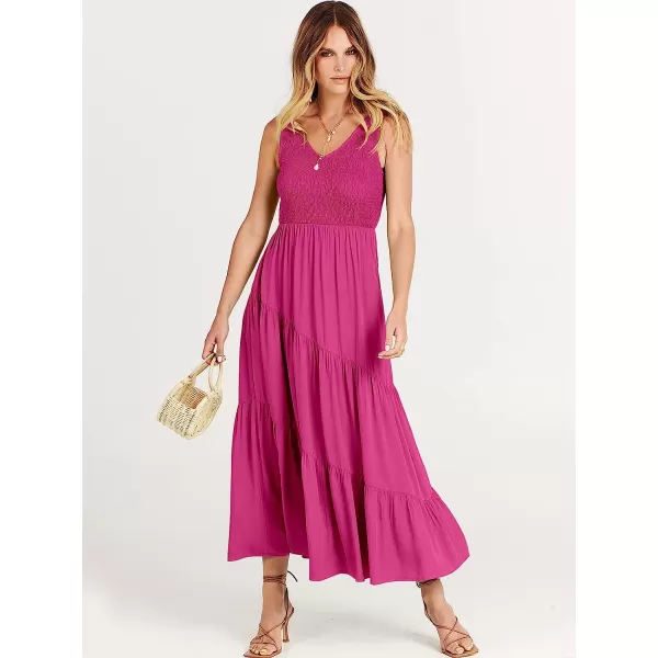 imageANRABESS Womens Summer Casual Sleeveless V Neck Smocked Boho Asymmetric Tiered Beach Long Dress with PocketsRose Red