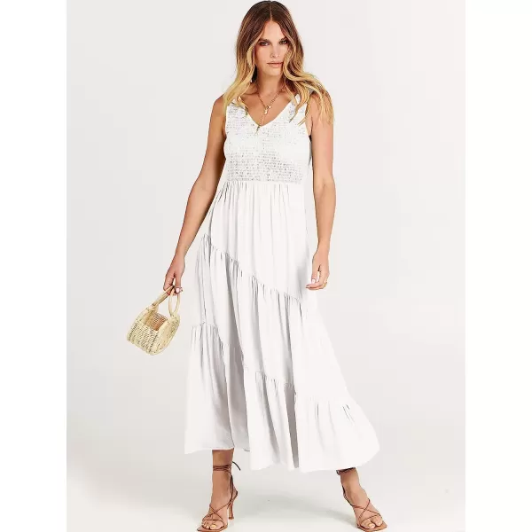 imageANRABESS Womens Summer Casual Sleeveless V Neck Smocked Boho Asymmetric Tiered Beach Long Dress with PocketsWhite