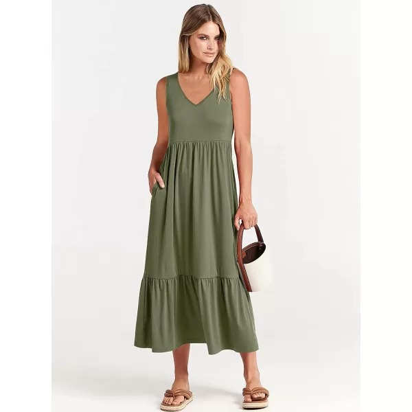 imageANRABESS Womens Summer Casual Sleeveless V Neck Swing Dress Casual Flowy Tiered Maxi Beach Dress with Pockets03olive