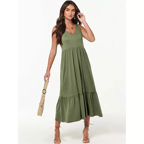 imageANRABESS Womens Summer Casual Sleeveless V Neck Swing Dress Casual Flowy Tiered Maxi Beach Dress with Pockets03olive