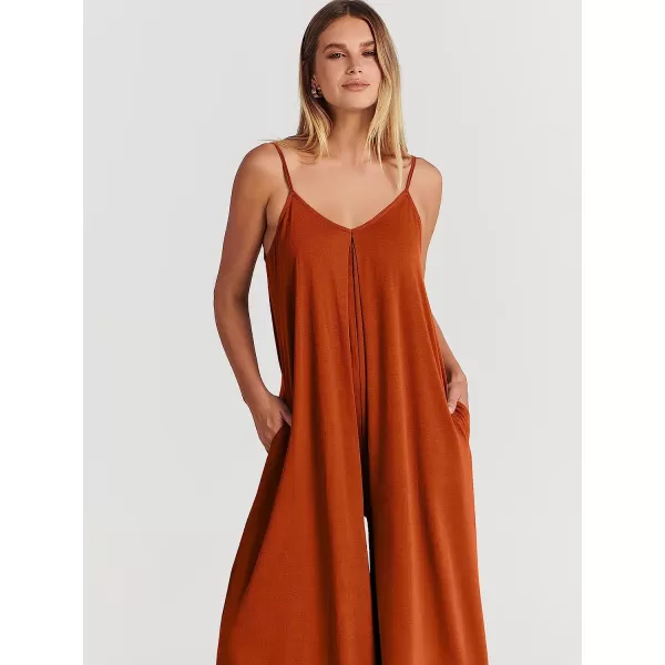 imageANRABESS Womens Summer Casual Spaghetti Strap V Neck Oversized Wide Leg Jumpsuit Pockets Beach Travel OutfitsBrown
