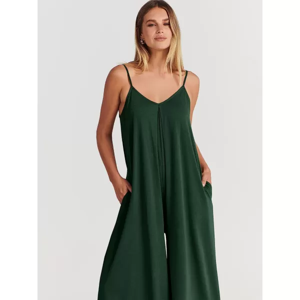 imageANRABESS Womens Summer Casual Spaghetti Strap V Neck Oversized Wide Leg Jumpsuit Pockets Beach Travel OutfitsDeep Green