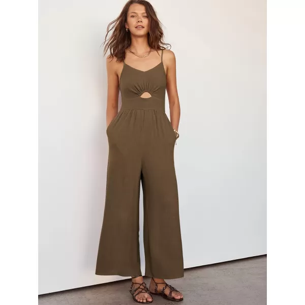 imageANRABESS Womens Summer Casual Spaghetti Straps Sleeveless V Neck Cutout High Waist Wide Leg Jumpsuits Rompers with PocketsBrown