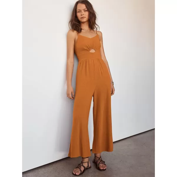imageANRABESS Womens Summer Casual Spaghetti Straps Sleeveless V Neck Cutout High Waist Wide Leg Jumpsuits Rompers with PocketsOrange