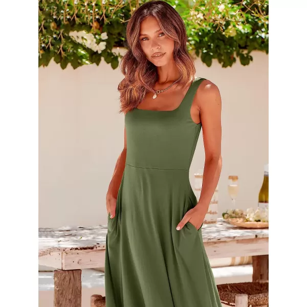 imageANRABESS Womens Summer Casual Square Neck Sleeveless Empire Waist Flowy Tank Beach Midi Dress PocketsArmy Green