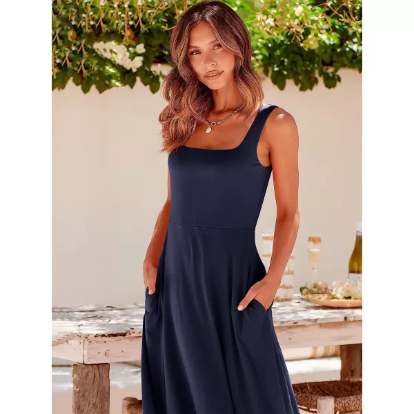imageANRABESS Womens Summer Casual Square Neck Sleeveless Empire Waist Flowy Tank Beach Midi Dress PocketsNavy Blue