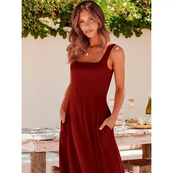 imageANRABESS Womens Summer Casual Square Neck Sleeveless Empire Waist Flowy Tank Beach Midi Dress PocketsWine Red