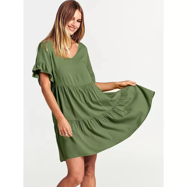 imageANRABESS Womens Summer Casual V Neck Babydoll Dress Ruffle Short Sleeve Tiered ALine Flowy Mini Beach DressArmy Green