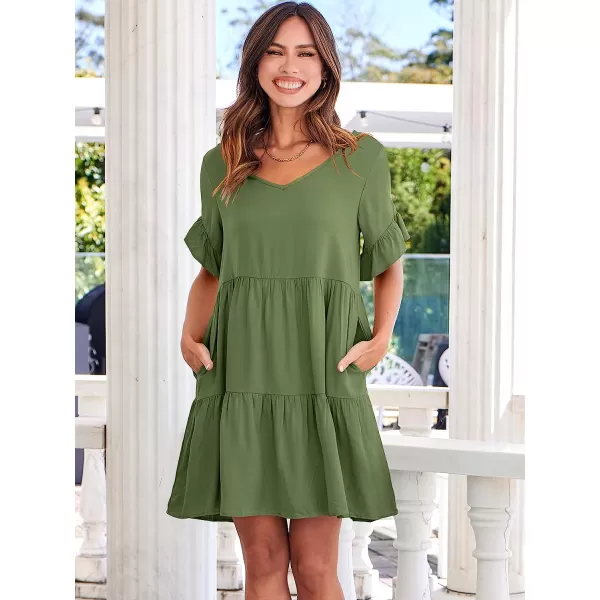imageANRABESS Womens Summer Casual V Neck Babydoll Dress Ruffle Short Sleeve Tiered ALine Flowy Mini Beach DressArmy Green