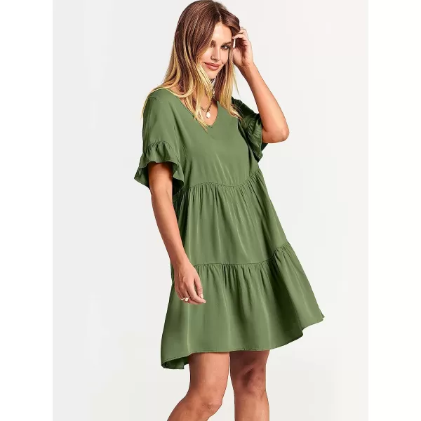 imageANRABESS Womens Summer Casual V Neck Babydoll Dress Ruffle Short Sleeve Tiered ALine Flowy Mini Beach DressArmy Green