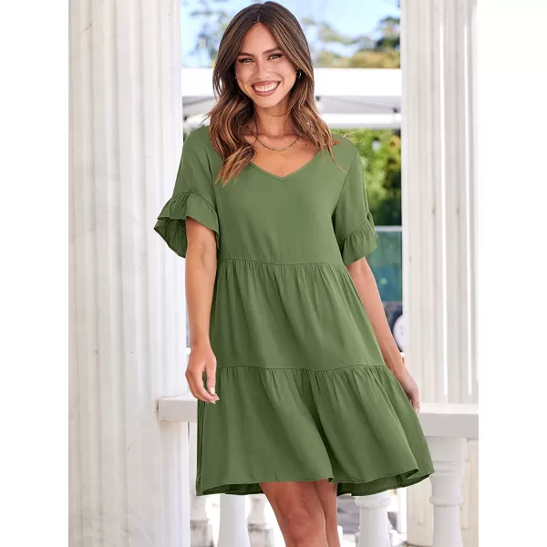 imageANRABESS Womens Summer Casual V Neck Babydoll Dress Ruffle Short Sleeve Tiered ALine Flowy Mini Beach DressArmy Green