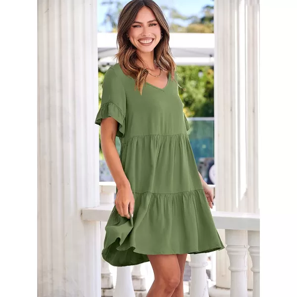 imageANRABESS Womens Summer Casual V Neck Babydoll Dress Ruffle Short Sleeve Tiered ALine Flowy Mini Beach DressArmy Green