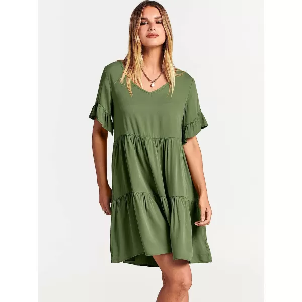 imageANRABESS Womens Summer Casual V Neck Babydoll Dress Ruffle Short Sleeve Tiered ALine Flowy Mini Beach DressArmy Green