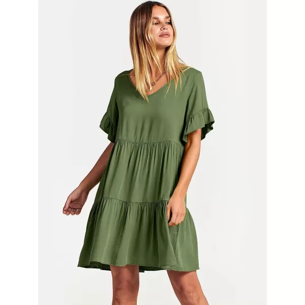 imageANRABESS Womens Summer Casual V Neck Babydoll Dress Ruffle Short Sleeve Tiered ALine Flowy Mini Beach DressArmy Green