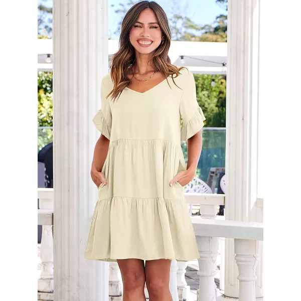 imageANRABESS Womens Summer Casual V Neck Babydoll Dress Ruffle Short Sleeve Tiered ALine Flowy Mini Beach DressBeige