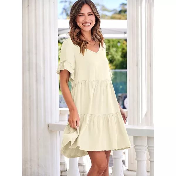 imageANRABESS Womens Summer Casual V Neck Babydoll Dress Ruffle Short Sleeve Tiered ALine Flowy Mini Beach DressBeige