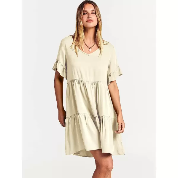 imageANRABESS Womens Summer Casual V Neck Babydoll Dress Ruffle Short Sleeve Tiered ALine Flowy Mini Beach DressBeige