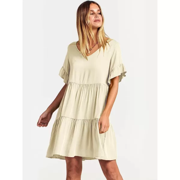 imageANRABESS Womens Summer Casual V Neck Babydoll Dress Ruffle Short Sleeve Tiered ALine Flowy Mini Beach DressBeige