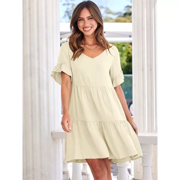 imageANRABESS Womens Summer Casual V Neck Babydoll Dress Ruffle Short Sleeve Tiered ALine Flowy Mini Beach DressBeige