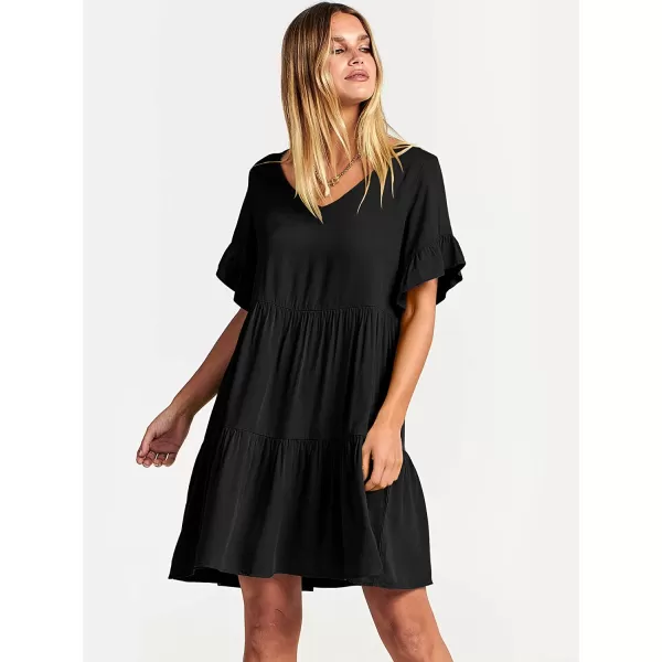 imageANRABESS Womens Summer Casual V Neck Babydoll Dress Ruffle Short Sleeve Tiered ALine Flowy Mini Beach DressBlack