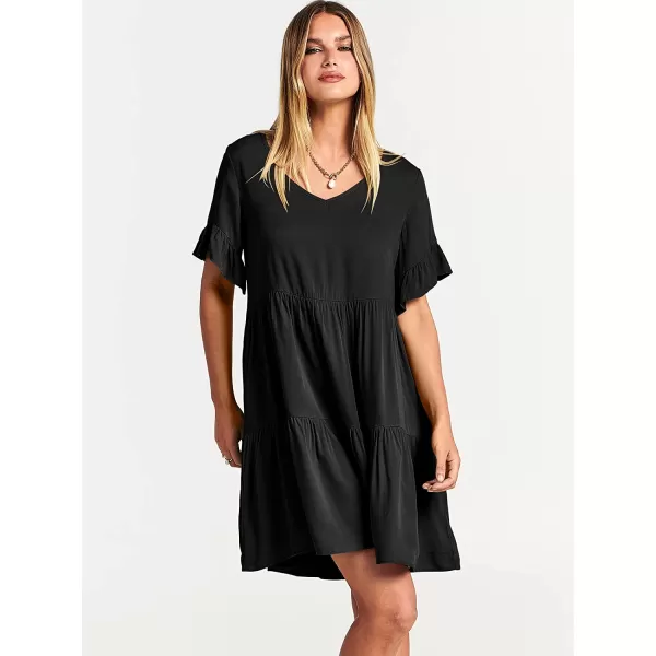 imageANRABESS Womens Summer Casual V Neck Babydoll Dress Ruffle Short Sleeve Tiered ALine Flowy Mini Beach DressBlack