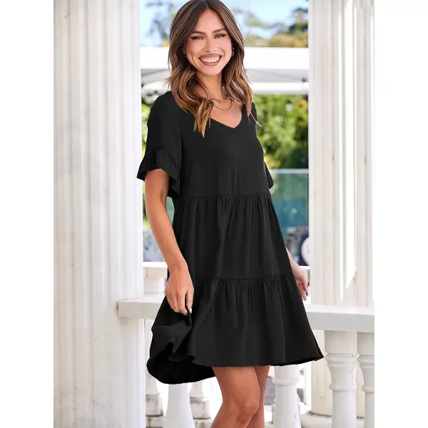 imageANRABESS Womens Summer Casual V Neck Babydoll Dress Ruffle Short Sleeve Tiered ALine Flowy Mini Beach DressBlack