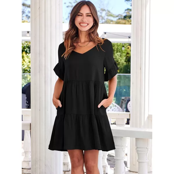imageANRABESS Womens Summer Casual V Neck Babydoll Dress Ruffle Short Sleeve Tiered ALine Flowy Mini Beach DressBlack