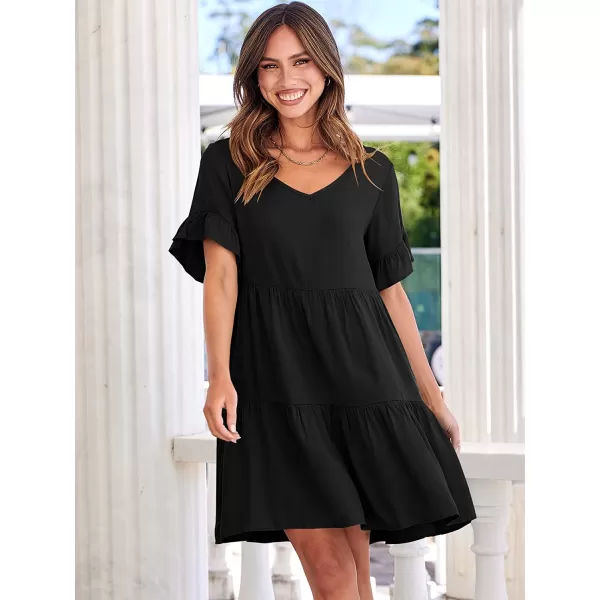 imageANRABESS Womens Summer Casual V Neck Babydoll Dress Ruffle Short Sleeve Tiered ALine Flowy Mini Beach DressBlack