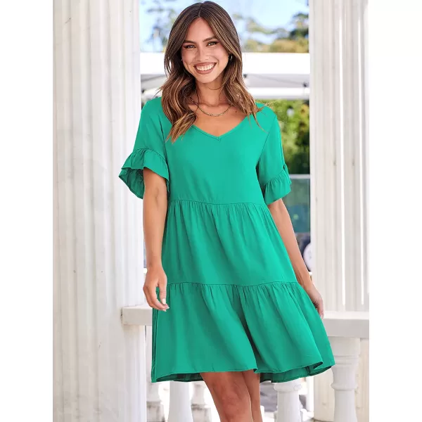 imageANRABESS Womens Summer Casual V Neck Babydoll Dress Ruffle Short Sleeve Tiered ALine Flowy Mini Beach DressGreen
