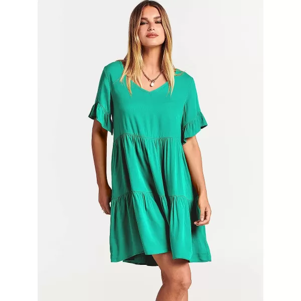 imageANRABESS Womens Summer Casual V Neck Babydoll Dress Ruffle Short Sleeve Tiered ALine Flowy Mini Beach DressGreen