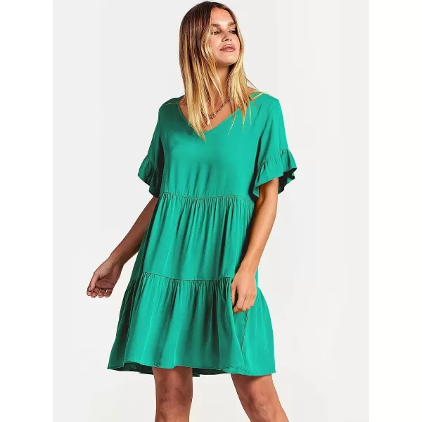 imageANRABESS Womens Summer Casual V Neck Babydoll Dress Ruffle Short Sleeve Tiered ALine Flowy Mini Beach DressGreen