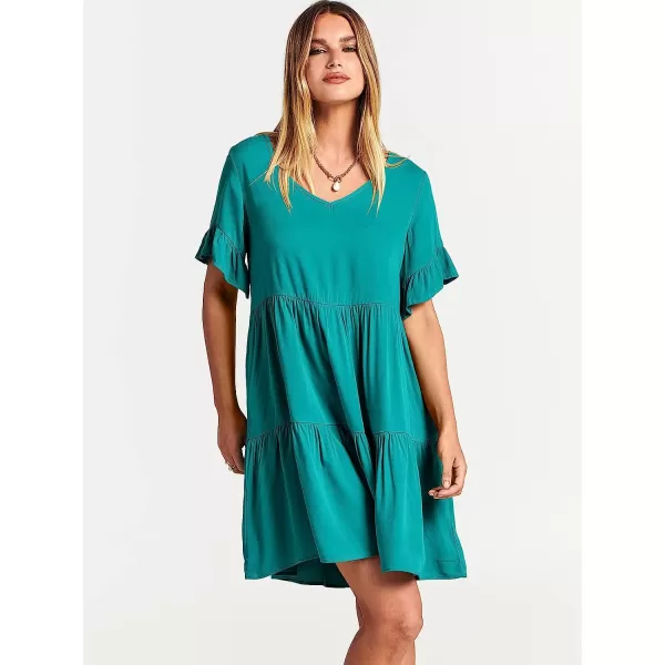 imageANRABESS Womens Summer Casual V Neck Babydoll Dress Ruffle Short Sleeve Tiered ALine Flowy Mini Beach DressLake Blue