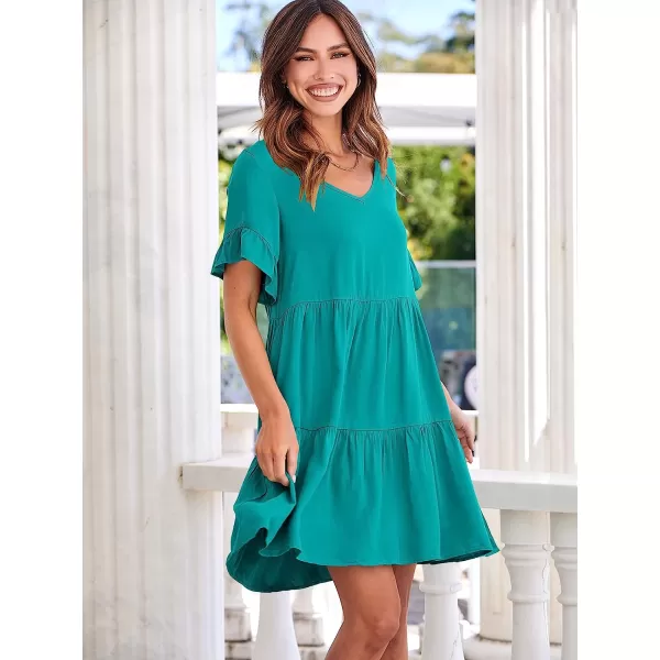imageANRABESS Womens Summer Casual V Neck Babydoll Dress Ruffle Short Sleeve Tiered ALine Flowy Mini Beach DressLake Blue