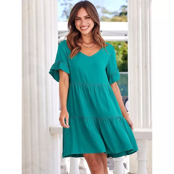 imageANRABESS Womens Summer Casual V Neck Babydoll Dress Ruffle Short Sleeve Tiered ALine Flowy Mini Beach DressLake Blue