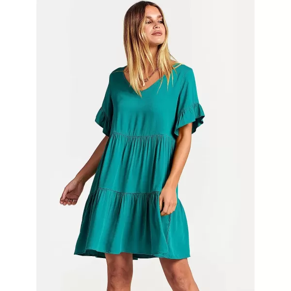 imageANRABESS Womens Summer Casual V Neck Babydoll Dress Ruffle Short Sleeve Tiered ALine Flowy Mini Beach DressLake Blue
