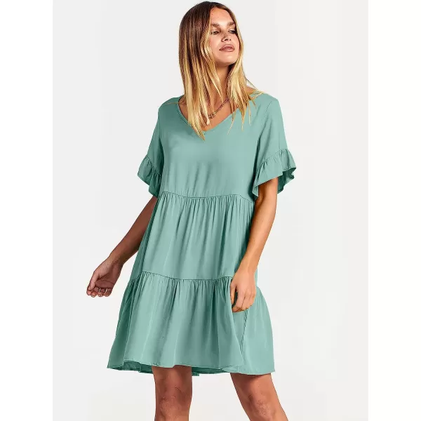 imageANRABESS Womens Summer Casual V Neck Babydoll Dress Ruffle Short Sleeve Tiered ALine Flowy Mini Beach DressLight Green