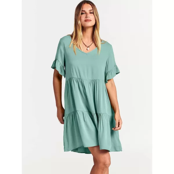 imageANRABESS Womens Summer Casual V Neck Babydoll Dress Ruffle Short Sleeve Tiered ALine Flowy Mini Beach DressLight Green
