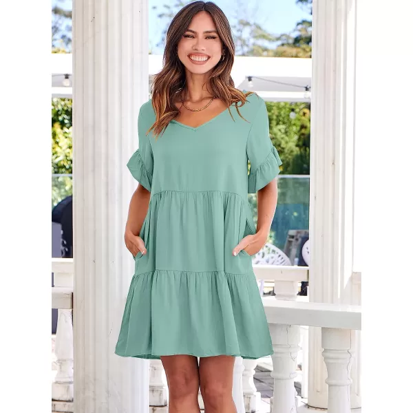 imageANRABESS Womens Summer Casual V Neck Babydoll Dress Ruffle Short Sleeve Tiered ALine Flowy Mini Beach DressLight Green
