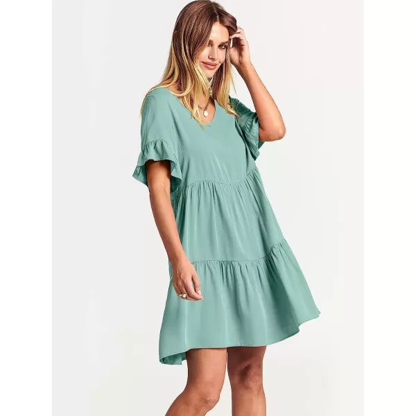 imageANRABESS Womens Summer Casual V Neck Babydoll Dress Ruffle Short Sleeve Tiered ALine Flowy Mini Beach DressLight Green
